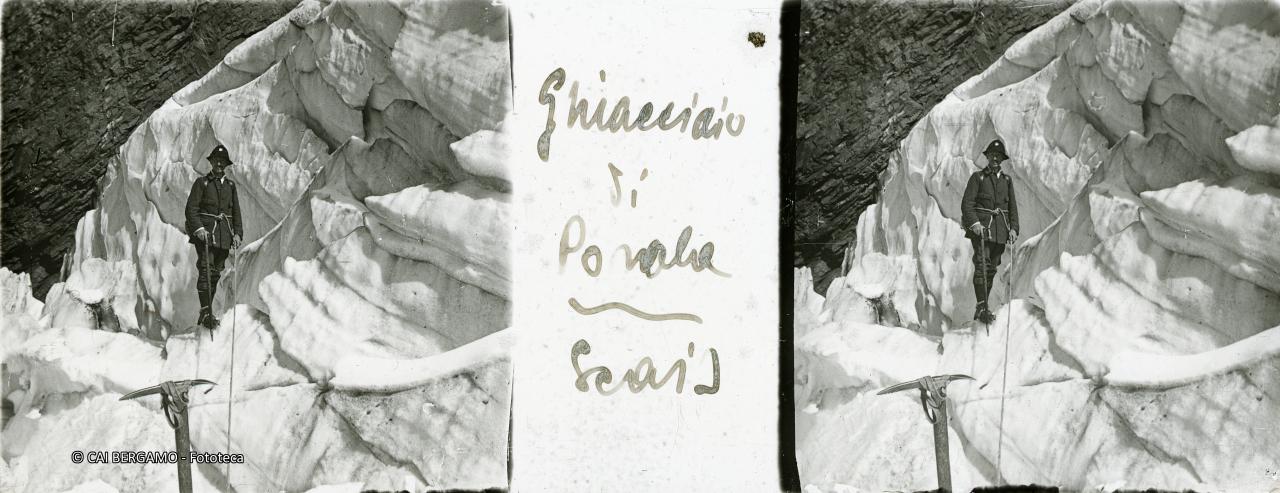 "Ghiacciaio di Parola/Scais"  Alpinista tra i seracchi del ghiacciaio (luglio 1919)"