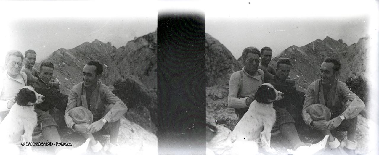 Foto ricordo di 4 amici con un setter