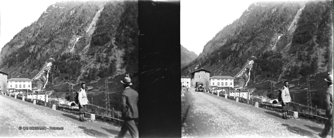 Condotta idrica e centrale idroelettrica di Carona, con vecchia auto su strada sterrata