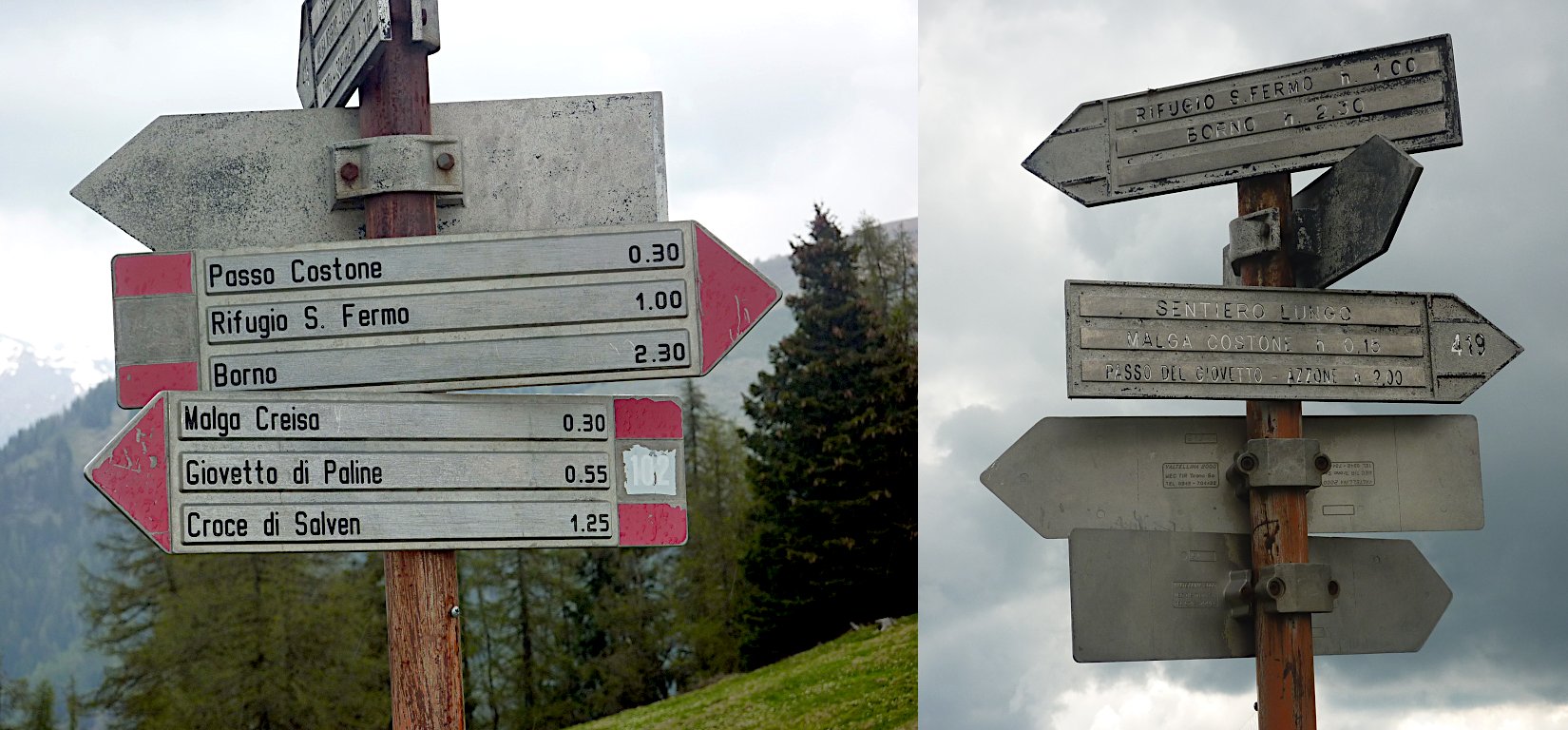 Segnaletica sul Costone, là dove 419 e 419A si incontrano al Pusù, al confine col bresciano.