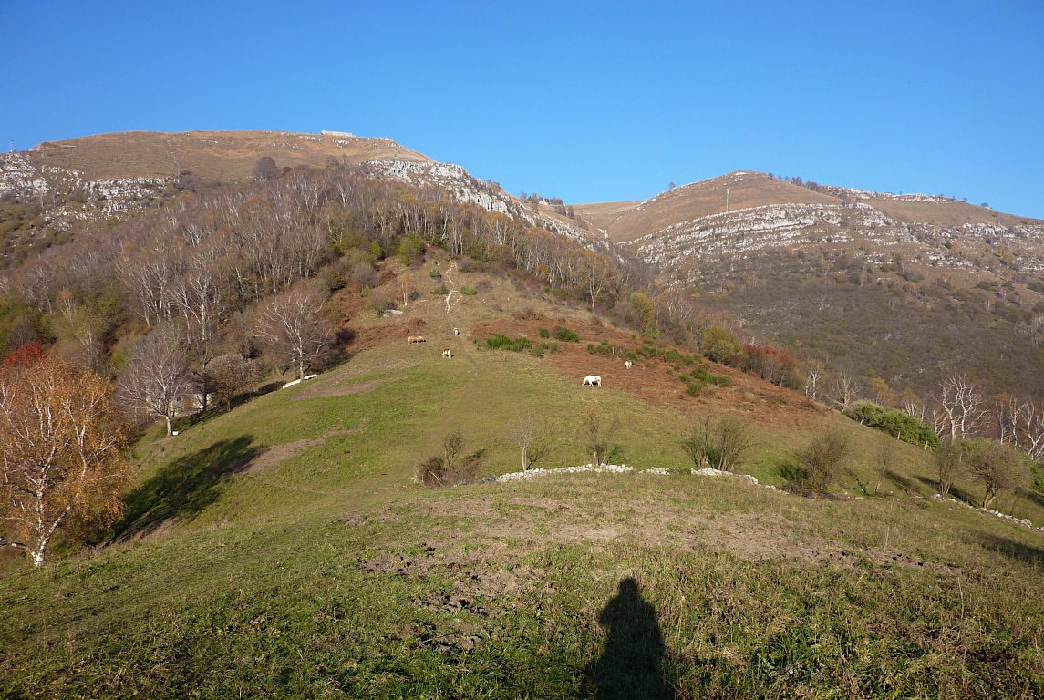 Dal M. Piacca: la sella del Colle d'Albenza e, lassù in centro-sx, il grande rudere di Cà Carenini.