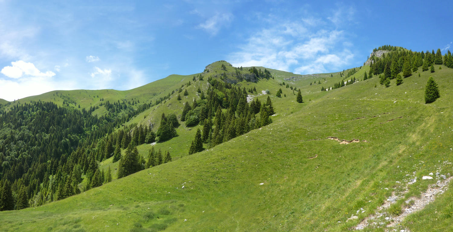 Presso b.ta Rigada bassa: il rilievo in alto a dx nasconde l'ancora lontano p.so degli Omini.