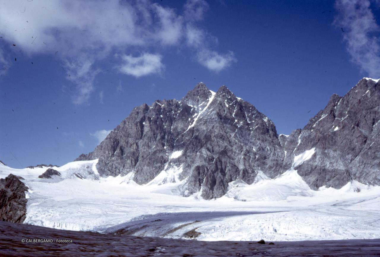 Piz Roseg con canalone Marinelli Innevato e  sottostante ghiacciaio superiore di Scerscen